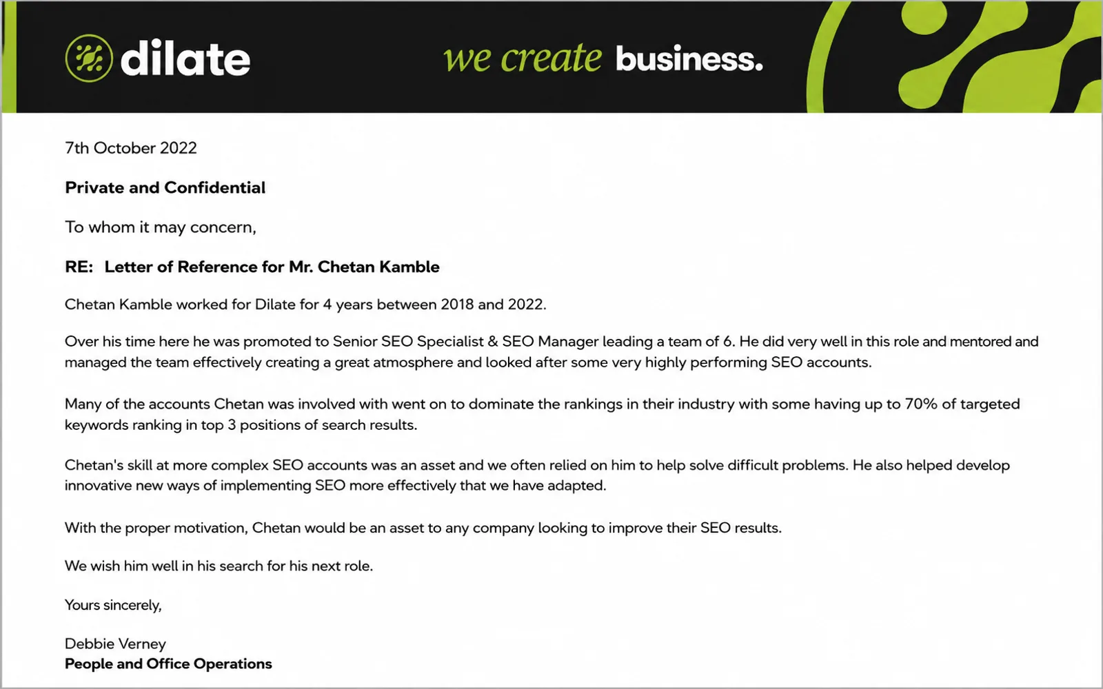 Work proof: Reference Letter - Result Achieved